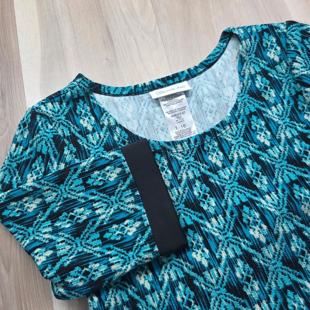 Bonnie Jean‎ Girls Dress Teal Black Geometric  Fit Flare 3/4 Sleeve Size 16 NWT